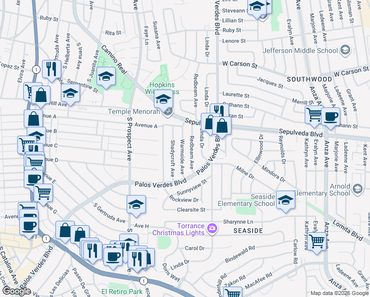 map of restaurants, bars, coffee shops, grocery stores, and more near 22407 Warmside Avenue in Torrance