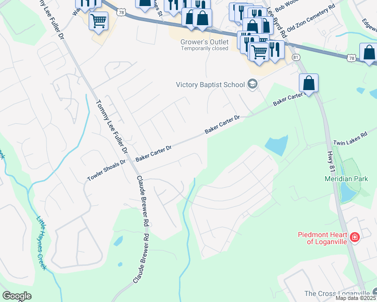 map of restaurants, bars, coffee shops, grocery stores, and more near 134 Jacobs Lane in Loganville