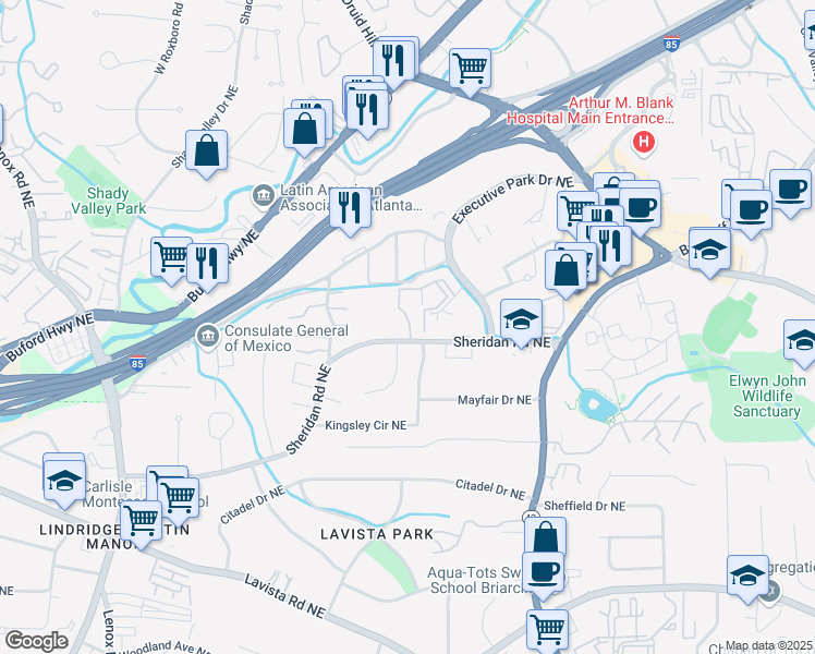 map of restaurants, bars, coffee shops, grocery stores, and more near 222 Briarhill Lane Northeast in Atlanta