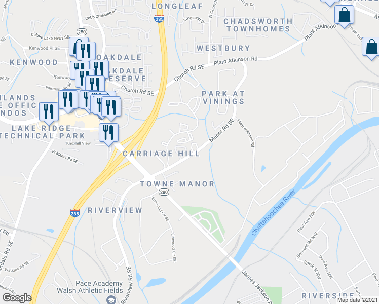 map of restaurants, bars, coffee shops, grocery stores, and more near 2481 Palladian Manor Way Southeast in Smyrna