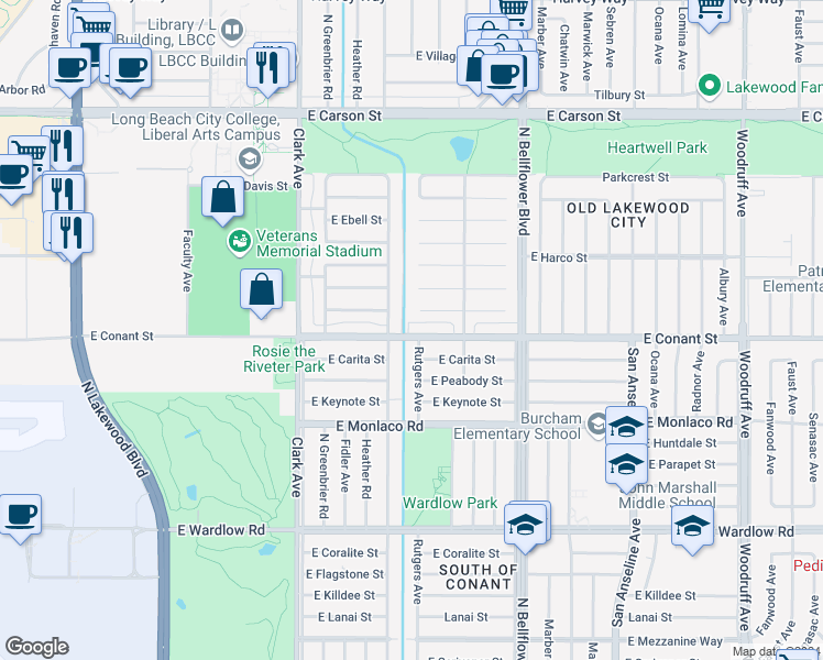 map of restaurants, bars, coffee shops, grocery stores, and more near 5303 East Conant Street in Long Beach
