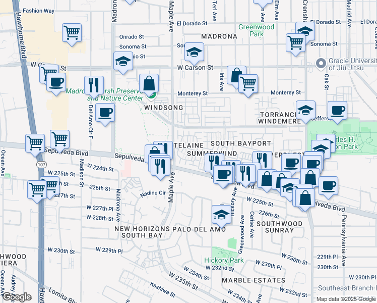 map of restaurants, bars, coffee shops, grocery stores, and more near Unnamed Road in Torrance