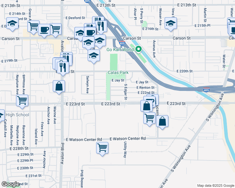 map of restaurants, bars, coffee shops, grocery stores, and more near 1031 East Joel Street in Carson