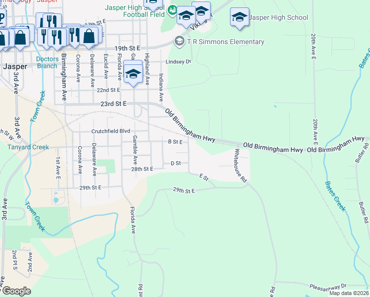 map of restaurants, bars, coffee shops, grocery stores, and more near 2606 A Street East in Jasper