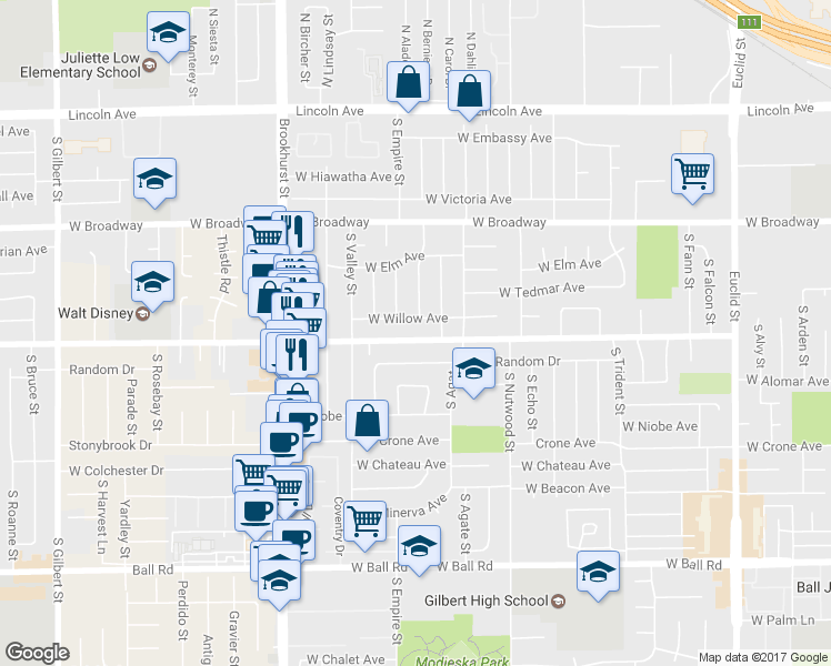 map of restaurants, bars, coffee shops, grocery stores, and more near 2043 West Orange Avenue in Anaheim