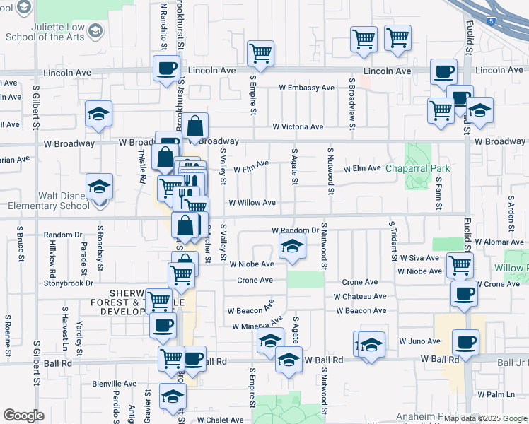 map of restaurants, bars, coffee shops, grocery stores, and more near 2043 West Orange Avenue in Anaheim