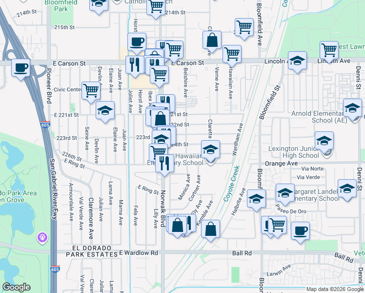 map of restaurants, bars, coffee shops, grocery stores, and more near 12309 Brittain Street in Hawaiian Gardens