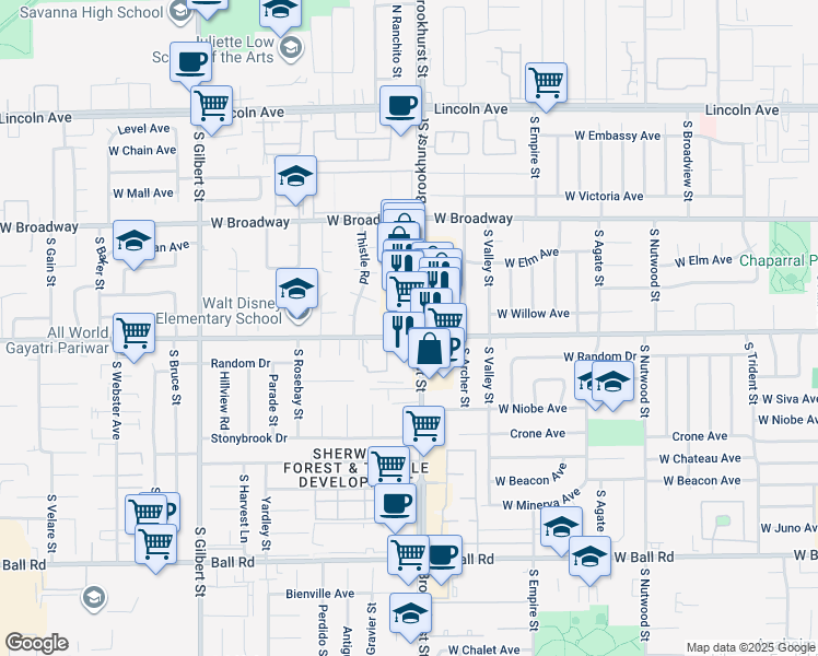 map of restaurants, bars, coffee shops, grocery stores, and more near 519 South Brookhurst Street in Anaheim