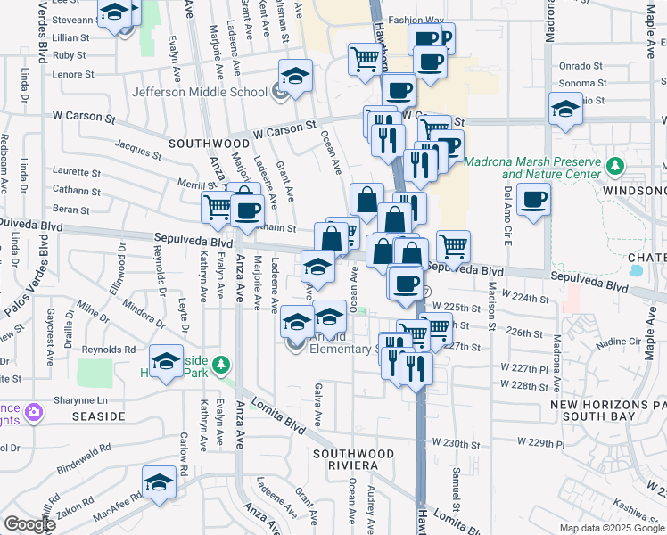 map of restaurants, bars, coffee shops, grocery stores, and more near 22312 Kent Avenue in Torrance