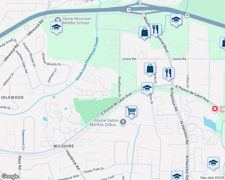 map of restaurants, bars, coffee shops, grocery stores, and more near 1512 Roadhaven Drive in Stone Mountain