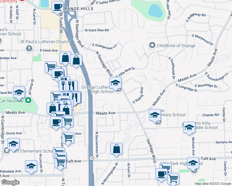 map of restaurants, bars, coffee shops, grocery stores, and more near 2222 North Santiago Boulevard in Orange