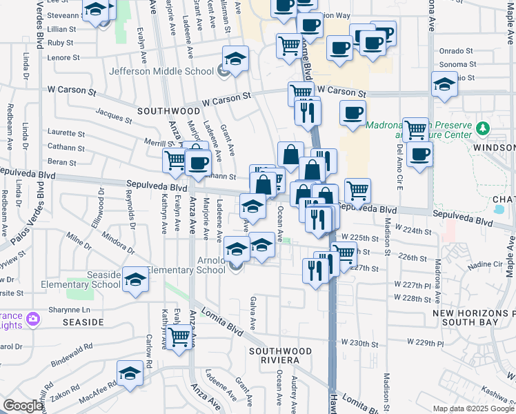 map of restaurants, bars, coffee shops, grocery stores, and more near 3970 Sepulveda Boulevard in Torrance