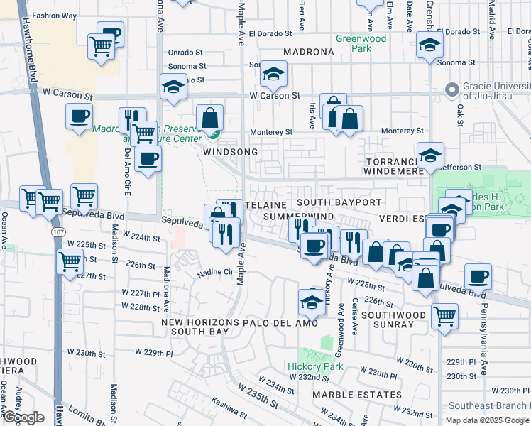 map of restaurants, bars, coffee shops, grocery stores, and more near 2300 Maple Avenue in Torrance