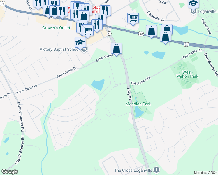 map of restaurants, bars, coffee shops, grocery stores, and more near 201 Loganview Drive in Loganville