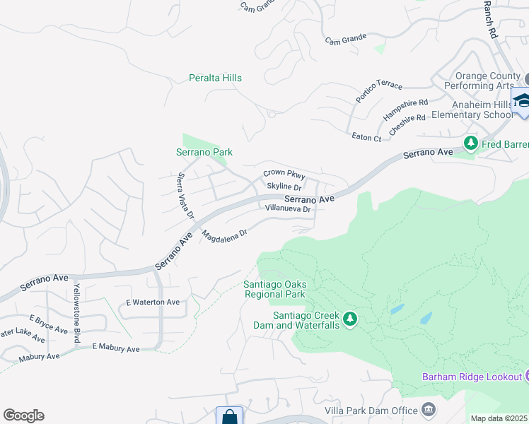 map of restaurants, bars, coffee shops, grocery stores, and more near 7218 Villanueva Drive in Orange