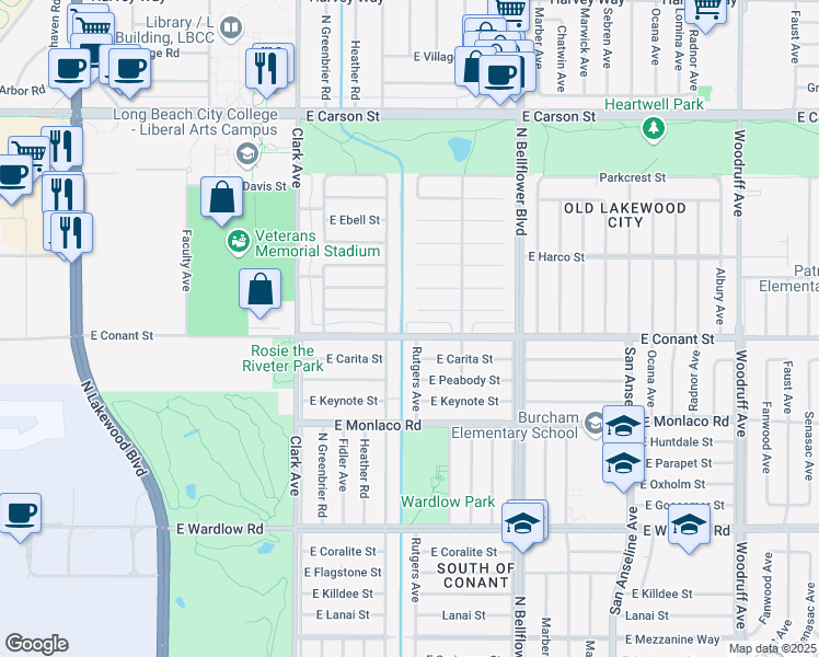 map of restaurants, bars, coffee shops, grocery stores, and more near 5303 East Conant Street in Long Beach