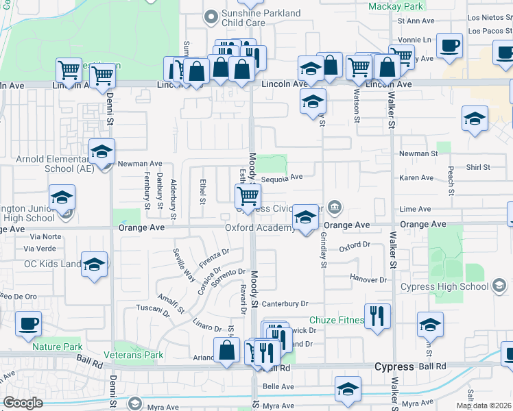map of restaurants, bars, coffee shops, grocery stores, and more near 5000 Clementine Lane in Cypress