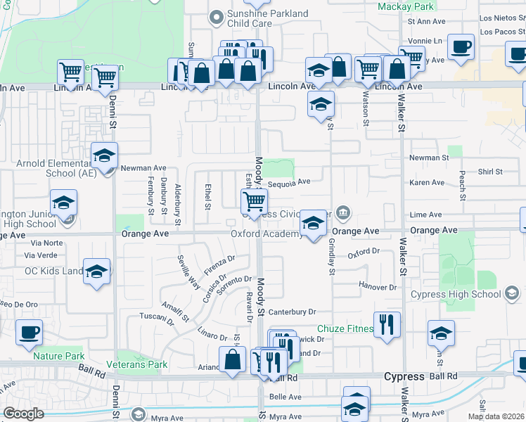 map of restaurants, bars, coffee shops, grocery stores, and more near 5000 Clementine Lane in Cypress