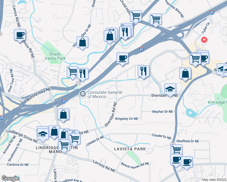 map of restaurants, bars, coffee shops, grocery stores, and more near 1524 Chantilly Drive Northeast in Atlanta