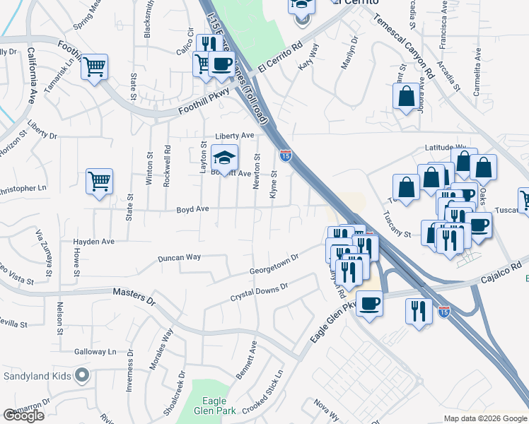 map of restaurants, bars, coffee shops, grocery stores, and more near 7471 Boyd Avenue in Corona