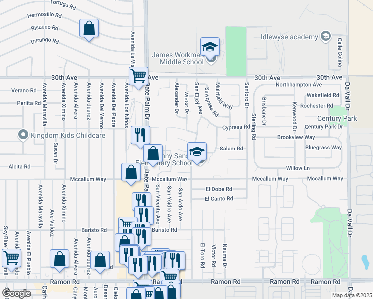map of restaurants, bars, coffee shops, grocery stores, and more near 69272 Kemper Court in Cathedral City