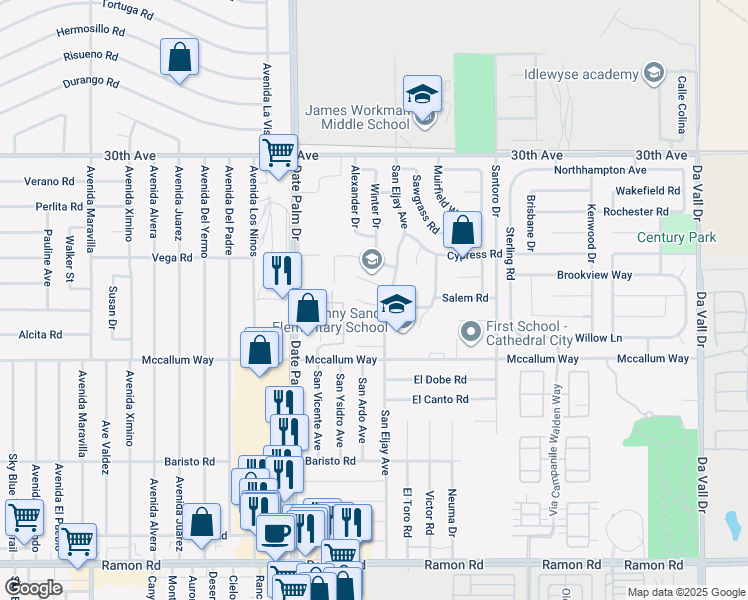map of restaurants, bars, coffee shops, grocery stores, and more near 69272 Kemper Court in Cathedral City