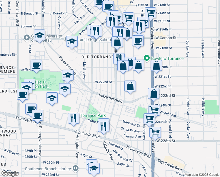 map of restaurants, bars, coffee shops, grocery stores, and more near 2309 Andreo Avenue in Torrance