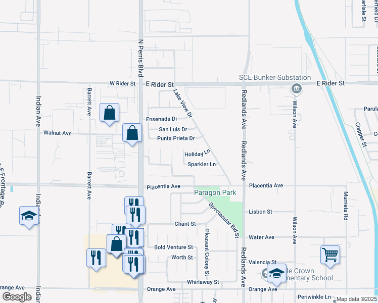 map of restaurants, bars, coffee shops, grocery stores, and more near 242 Holiday Lane in Perris