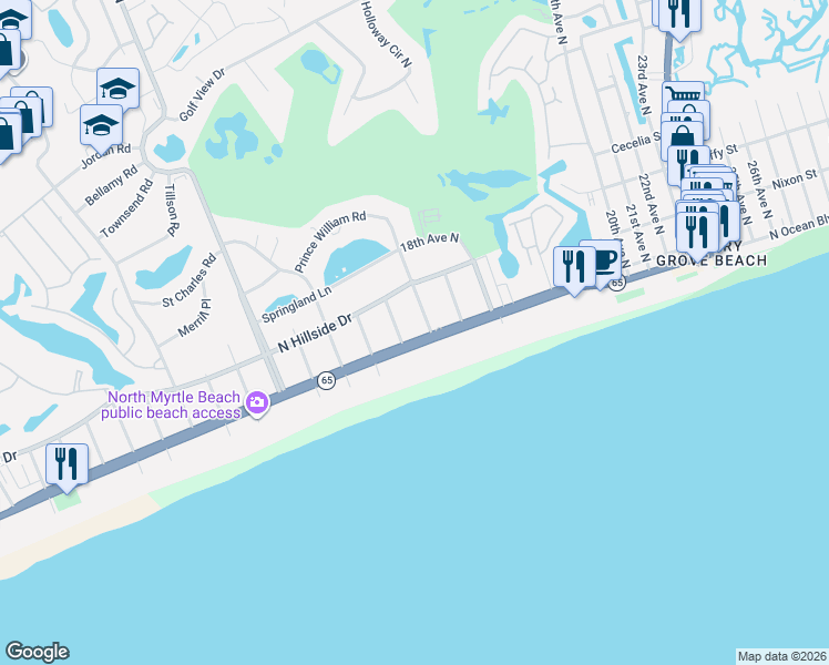 map of restaurants, bars, coffee shops, grocery stores, and more near 1503 North Ocean Boulevard in North Myrtle Beach