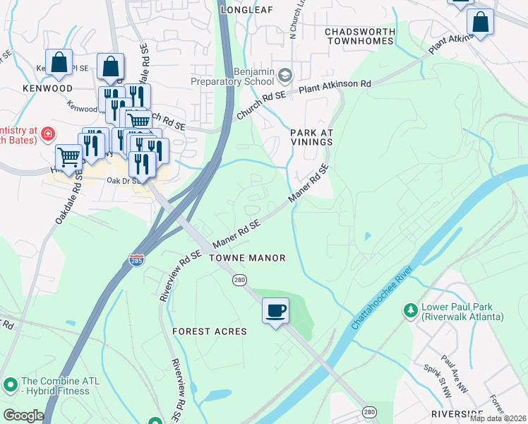 map of restaurants, bars, coffee shops, grocery stores, and more near 2455 Palladian Manor Way Southeast in Atlanta
