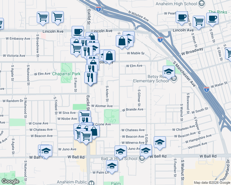 map of restaurants, bars, coffee shops, grocery stores, and more near 520 South Adria Street in Anaheim