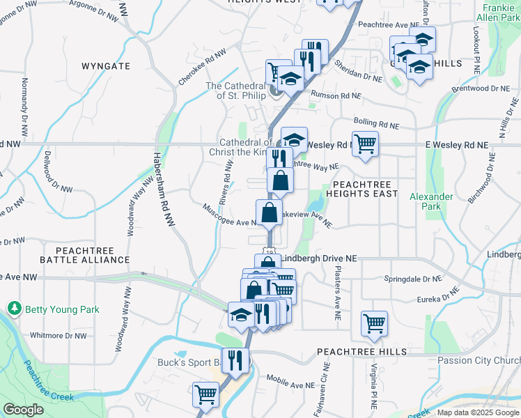 map of restaurants, bars, coffee shops, grocery stores, and more near 1938 Peachtree Road Northeast in Atlanta