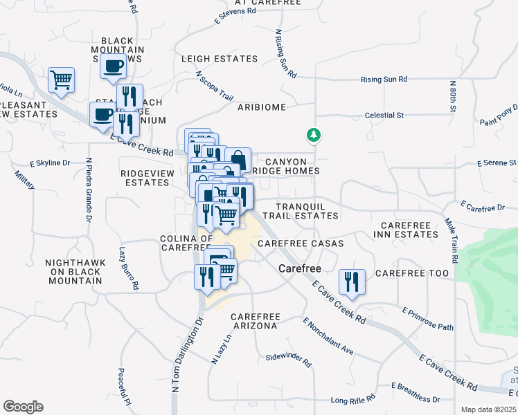 map of restaurants, bars, coffee shops, grocery stores, and more near 8 East Sundial Circle in Carefree
