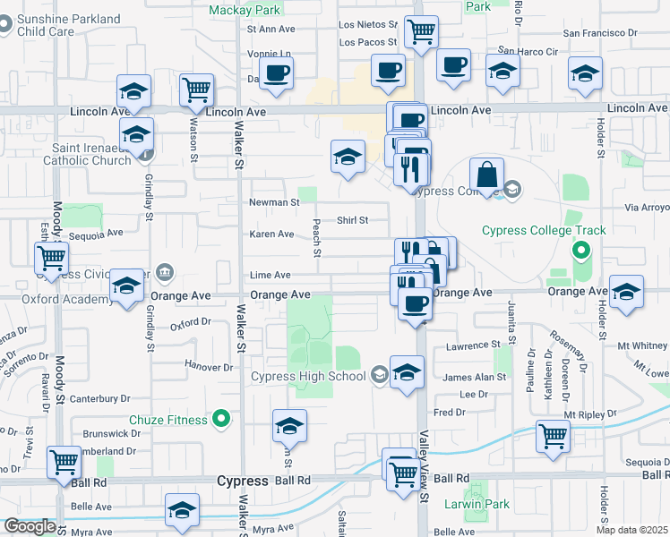 map of restaurants, bars, coffee shops, grocery stores, and more near 5751 Lime Avenue in Cypress