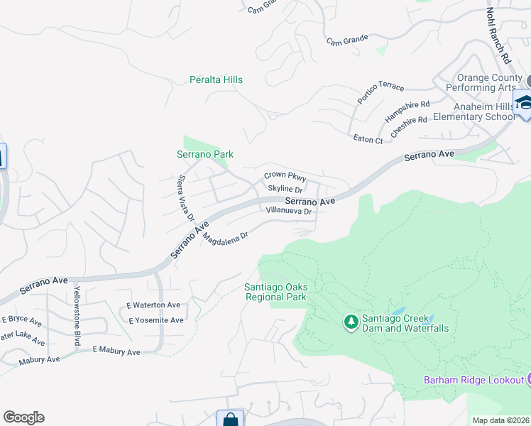 map of restaurants, bars, coffee shops, grocery stores, and more near 7218 Villanueva Drive in Orange
