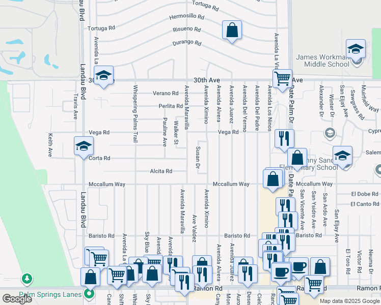 map of restaurants, bars, coffee shops, grocery stores, and more near 30682 Avenida Maravilla in Cathedral City