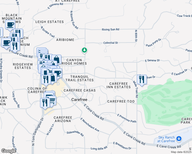 map of restaurants, bars, coffee shops, grocery stores, and more near 7701 East Carefree Drive in Carefree