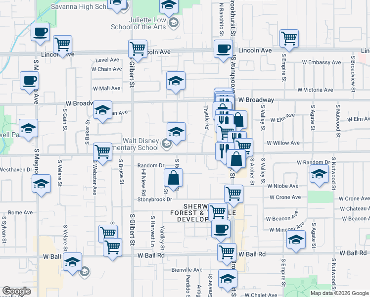 map of restaurants, bars, coffee shops, grocery stores, and more near 601 South Greenwich Street in Anaheim