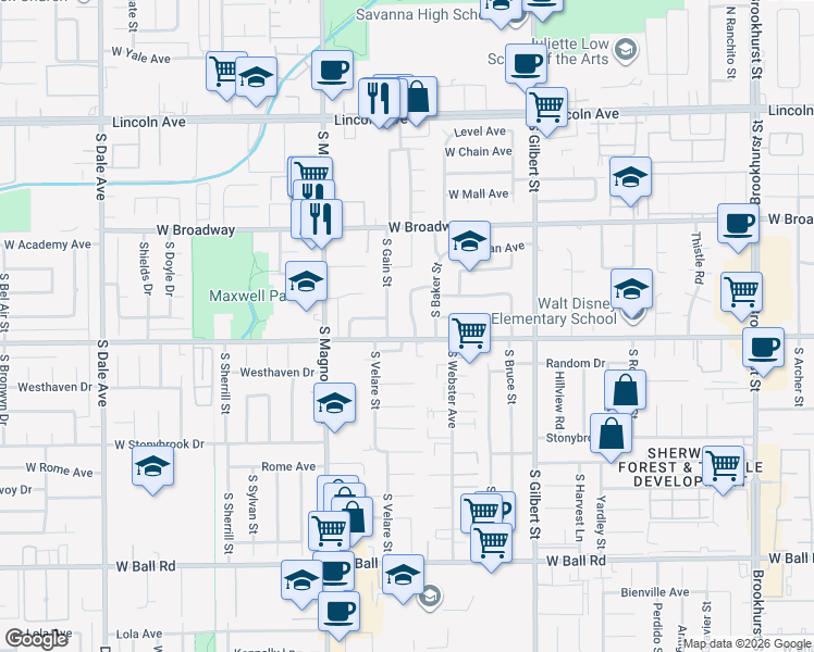 map of restaurants, bars, coffee shops, grocery stores, and more near 2507 Orange Avenue in Anaheim