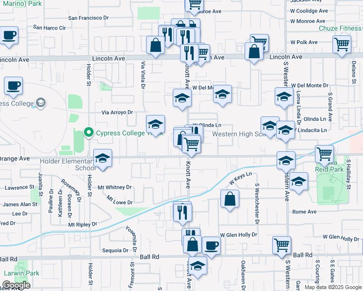 map of restaurants, bars, coffee shops, grocery stores, and more near in Anaheim
