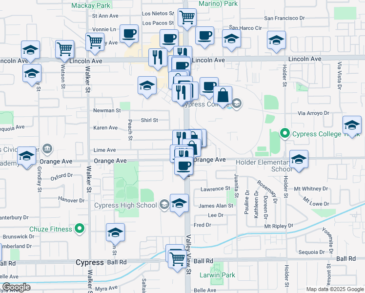 map of restaurants, bars, coffee shops, grocery stores, and more near 5952 Lime Avenue in Cypress