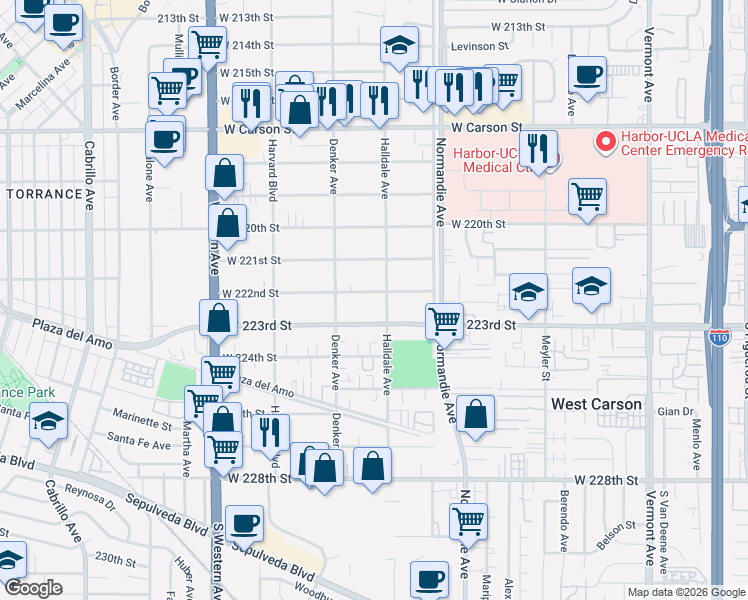 map of restaurants, bars, coffee shops, grocery stores, and more near 1415 Plaza del Amo in Torrance