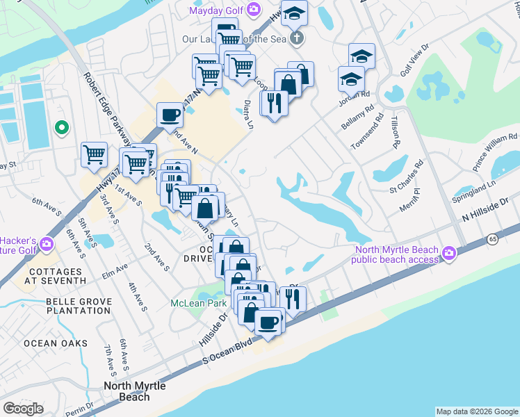 map of restaurants, bars, coffee shops, grocery stores, and more near 611 North Hillside Drive in North Myrtle Beach