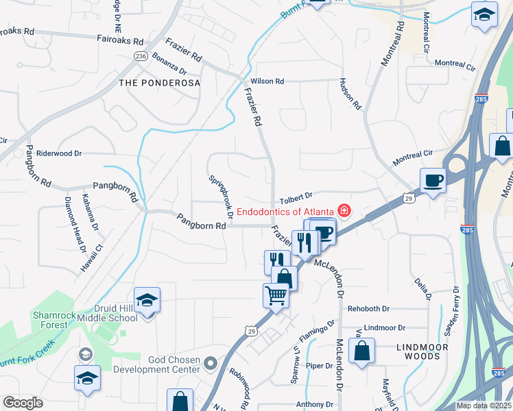 map of restaurants, bars, coffee shops, grocery stores, and more near 3007 Frazier Court in Decatur