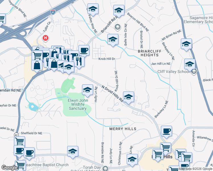 map of restaurants, bars, coffee shops, grocery stores, and more near 1661 Emory Place Drive Northeast in Atlanta