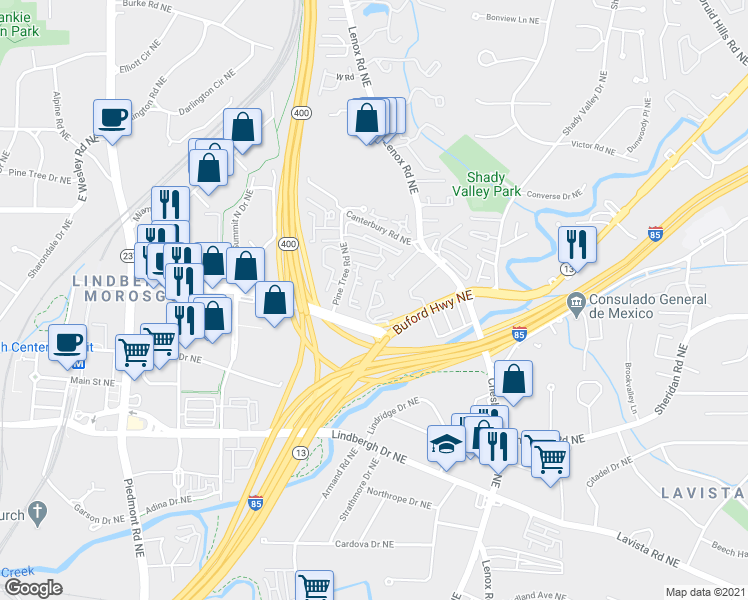 map of restaurants, bars, coffee shops, grocery stores, and more near 970 Sidney Marcus Boulevard Northeast in Atlanta