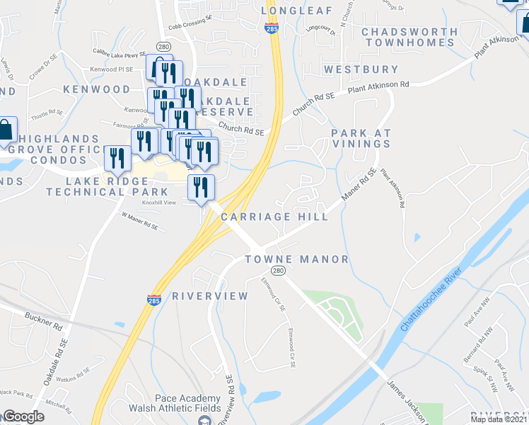 map of restaurants, bars, coffee shops, grocery stores, and more near 5254 Kershaw Court Southeast in Atlanta