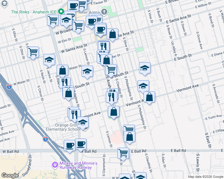 map of restaurants, bars, coffee shops, grocery stores, and more near 840 South Anaheim Boulevard in Anaheim