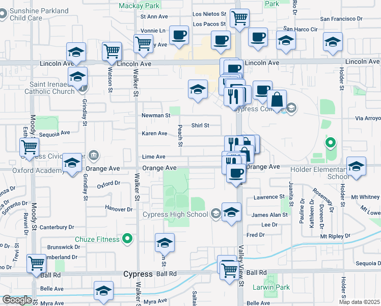 map of restaurants, bars, coffee shops, grocery stores, and more near 5751 Lime Avenue in Cypress