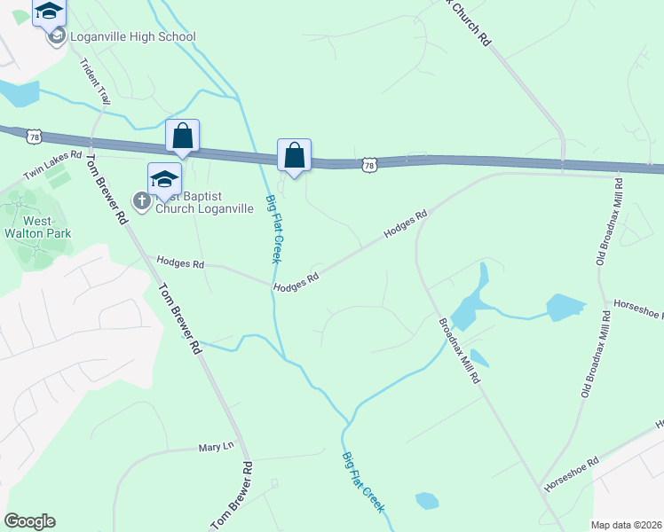 map of restaurants, bars, coffee shops, grocery stores, and more near 3125 Hodges Road in Loganville